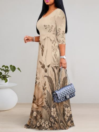 Image of PinkPatty Plus Size Maxi Dress for Women Casual V Neck 3 /4 Sleeve Boho Printed Long Dress with Pockets