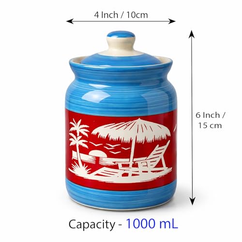 Image of Ceramic Handmade Pickle Jars in 1000ml (set of 2) | Handpainted Floral Bale 1 kg Achaar Martban | Ceramic Jadi for Kitchen Storage (Set of 2) | Jars for Achar, Spices, Salt (HandPainted Scenery Jars)