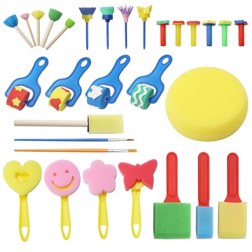 APOMOONS 30 Pièces Kit Pinceau Éponge, Réutilisable Kit Peinture Enfant, Matériel Pinceaux Peinture Enfant Set, Crafts Éponge Brosse pour Le Bricolage et...