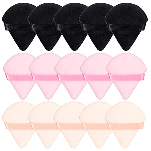 Friusate 15 Pieces Triangle Powder Puff Soft Makeup Puff Velour Face Makeup Sponge Puff For Loose Mineral Powder Cosmetic Body Contouring Tools (Black, Pink, Apricot) #TOP8