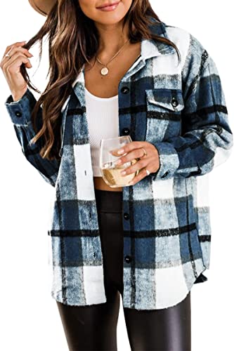 Image of Blansdi Women’s Casual Plaid Flannel Shacket Jacket Oversized Button Down Long Sleeve Fall Shirt Jacket Coat Tops