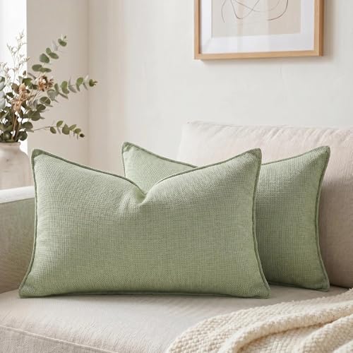 Fancy Homi Set of 2 Sage Green 12x20 Inch Soft Chenille Decorative Throw Pillow Covers with Flange Edge Lumbar Neutral Modern Boho Textured Cushion Case Home Decor for Couch Sofa Bed Living Room