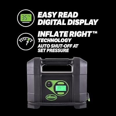 Slime 40047 Tire Inflator, Portable Car Air Compressor, Rugged, Inflate Right automatic shut off, with Digital 99 psi Display, Long Hose and LED Light, 12V, 4 min inflation