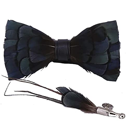 Galsawi Men's Pre-Tied Bow Tie Handmade Feathers Bowtie and Brooch Set