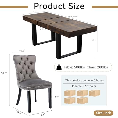 Image of 63 inch-78.74 inch Rustic Brown Extendable Dining Room Table Set for 6, 7-Piece Dining Table Set with 6 Upholstered Chairs, Rectangle Wooden Expanding Kitchen Table and Grey Chairs Set