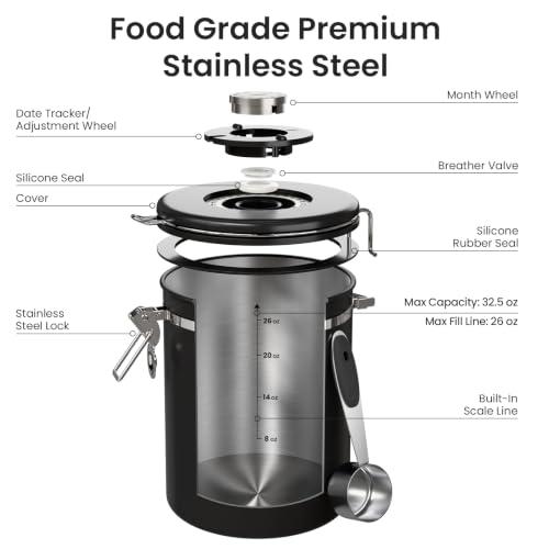 Image of Veken Coffee Canister with Window,Airtight Stainless Steel Container,32.5OZ