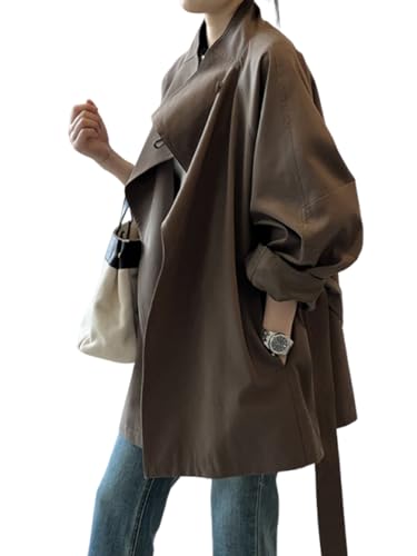 Image of utcoco Womens Open Front Trench Coat 2025 Fall Outfits Fashion Stand Collar Windproof Overcoat Outerwear with Belt (Medium, Coffee)