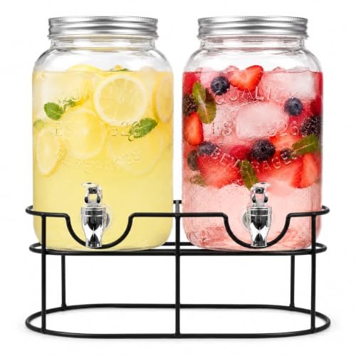 Image of Estilo Glass Double Drink Dispenser with Stand - Set of 2, 1 Gallon Glass Beverage Dispenser with Stand, Glass Drink Dispenser, Glass Jar with Lid, Mason Jar for Weddings, Juice Dispensers for Parties