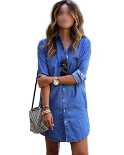 Feclmiyt Jeanskleid für Damen, langärmelig, Umlegekragen, Knopfleiste, lässig, Jeans, kurzer Rock, Kleider, lockere Bluse, Minikleid mit Taschen,...