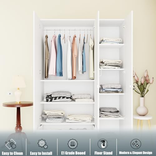 Image of VIKI Wardrobe | Wooden Almirah for 3 Door Wardrobe with 1 Drawer & Hanging Space (Frosty White - 40D x 120W x 180.8H) | 1 Year Warranty | Free Assembly