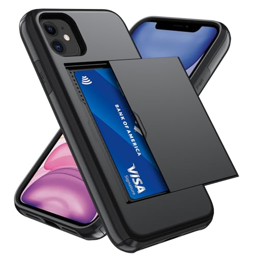 Qinmay Compatible with iPhone 11 Case with Card Holder Dual Layer Shockproof Heavy Duty Protective Hidden Slot Slim Wallet Phone CoverBlack