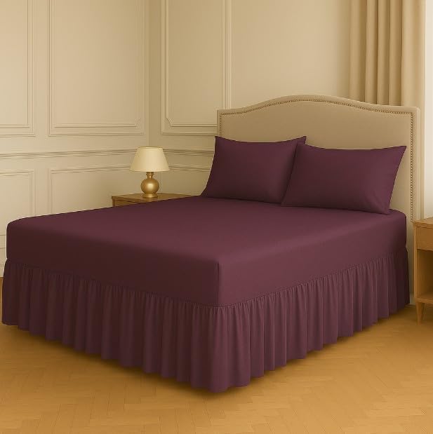 Polycotton Fitted Valance Sheet - Bed Skirt 25cm Deep with 30cm All-Around Frill - Soft Easy Care Wrinkle Resistant Base Cover - Secure Fit Bedding Valance (Plum, Single)