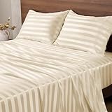 BEDELITE Satin Sheets Full Size, Luxury Jacquard Striped Beige Bedsheets Set with Elastic Corner Straps, Similar to Silk Sheets Set 4 PC with 1 Deep Pocket Fitted Sheet, 1 Flat Sheet, & 2 Pillowcases