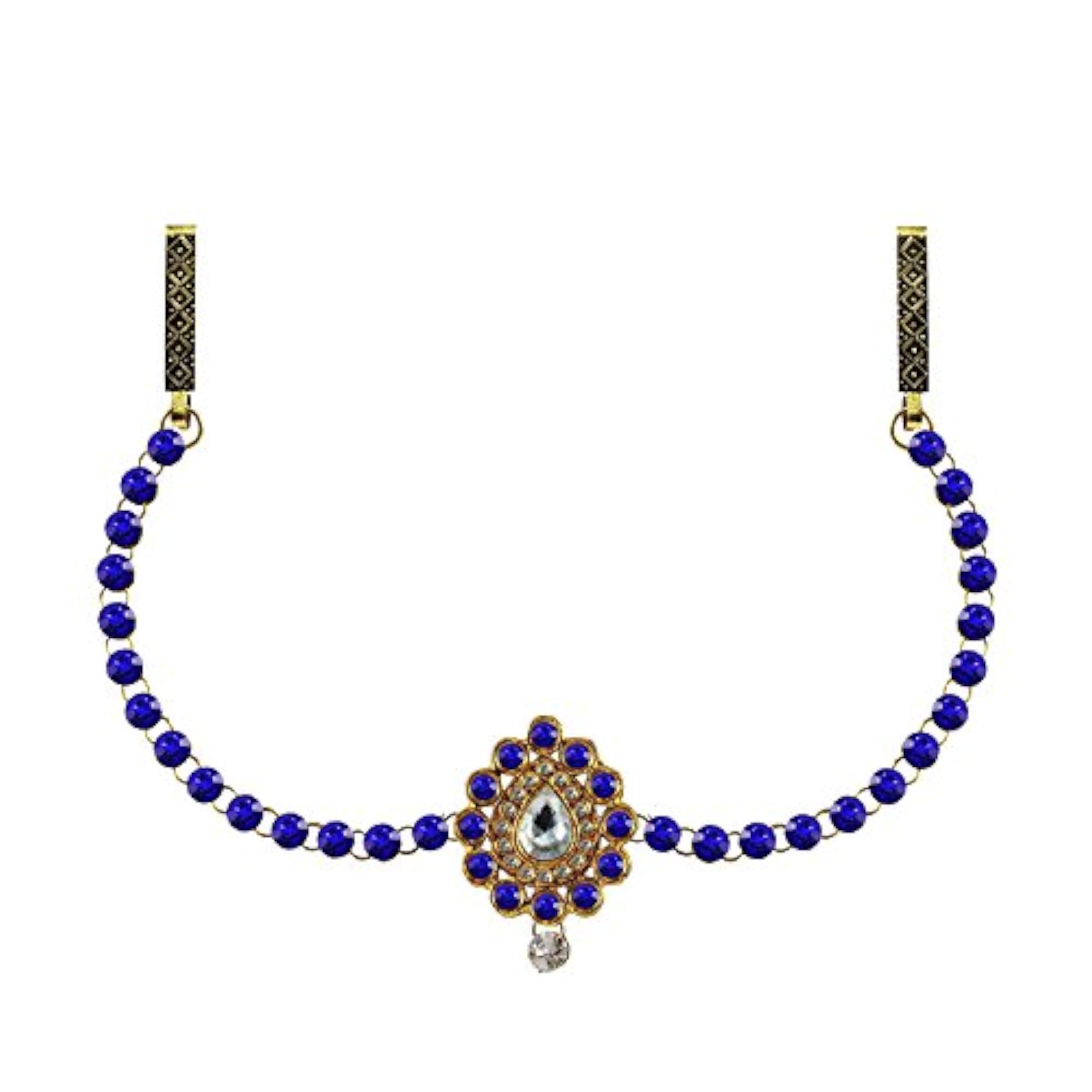 Women's Solid Brass Blue Stone Stud Platted Waist Belt, Multicolor