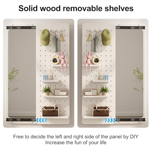 Image of KungFuWood Full Length Mirror with Shelf and Hooks,Entry Way Mirrors for Wall,Wall Mirror with Shelf,Wall Mirror with Storage Multifunctional Design Panel,Living Room (White, 52.4 inch L x 19 inch W)