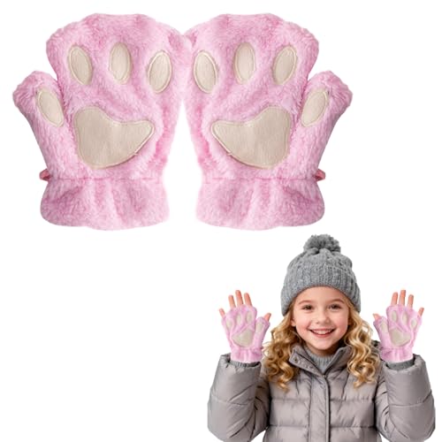 Image of EQLEF Cat Paw Gloves, Plush Fingerless Gloves Mittens Cute Half Finger Gloves Warm Winter Glove Cat Cosplay Glove for Kids Girls (Pink, 17cm)