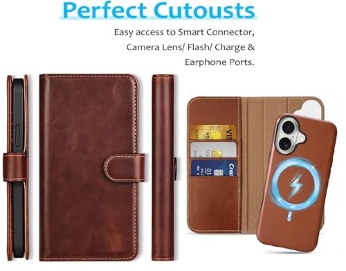Image of WHITBULL Flip Case Detachable Leather Wallet Cover Removable 2 in 1 Smart Case Compatible with iPhone 16 Plus /iPhone 16 Max (Brown)