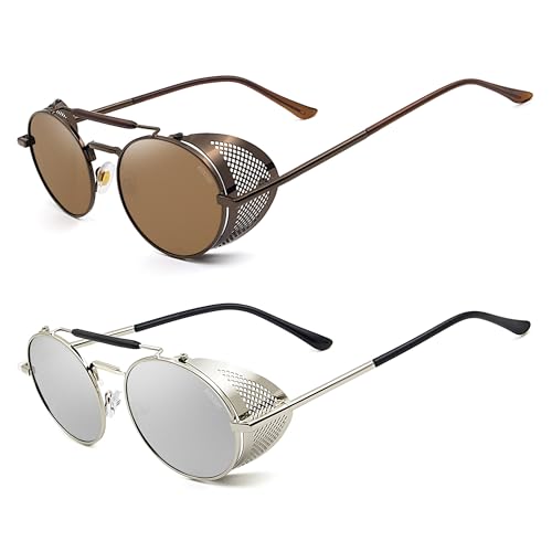 Image of RONSOU Steampunk Style Round Vintage Polarized Sunglasses Retro Eyewear UV400 Protection Matel Frame