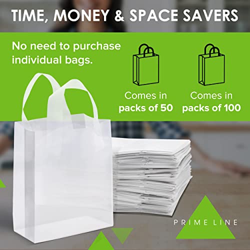 Prime Line Packaging Clear Plastic Bags with Handles for Small Business, Welcome Goodie, Frosted Gift Tote Bags for Boutiques, Events, Bulk, 8x4x10, 50 Pack