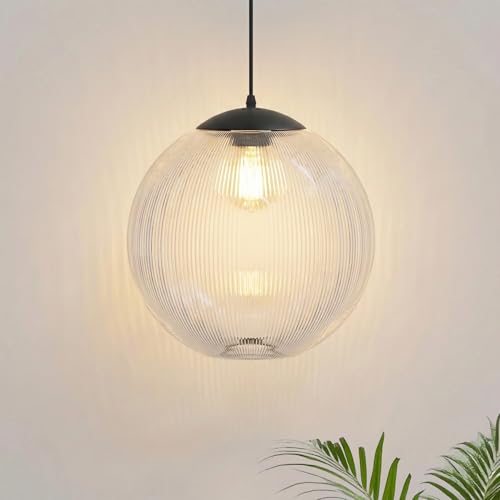 Image of KASTLITE 12 inch Acrylic Globe Pendant Light Fixture, 8W 3000K Filament LED Bulb, Ceiling Mount - Kitchen Pendant Lighting Over Island, Hanging Dining Light, Living Room Lamp - Prismatic, Black Base