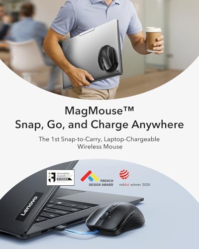 Image of ESR MagMouse Snap-to-Carry Bluetooth Mouse, Rechargeable Wireless Mouse for Laptop with Built-in Charging Cable, Reusable Adhesive Holder, BT 5.0 + 2.4 GHz Connectivity, Silent, Ergonomic, Black