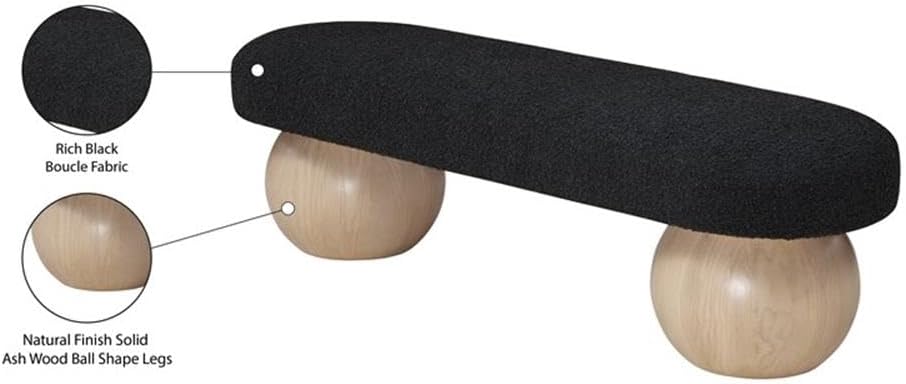 Pemberly Row Black Boucle Fabric Bench, 59.5" W x 18" D x 17" H, Solid Ash Wood Ball Shape Legs, Art Deco Design Modern Seating for Living Room or Bedroom Spaces