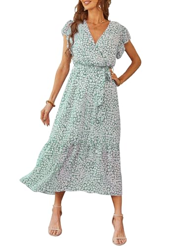 PRETTYGARDEN Women's Summer Floral Boho Maxi Dress Wrap Short Sleeve V Neck Ruffle A-Line Flowy Wedding Guest Long Dresses