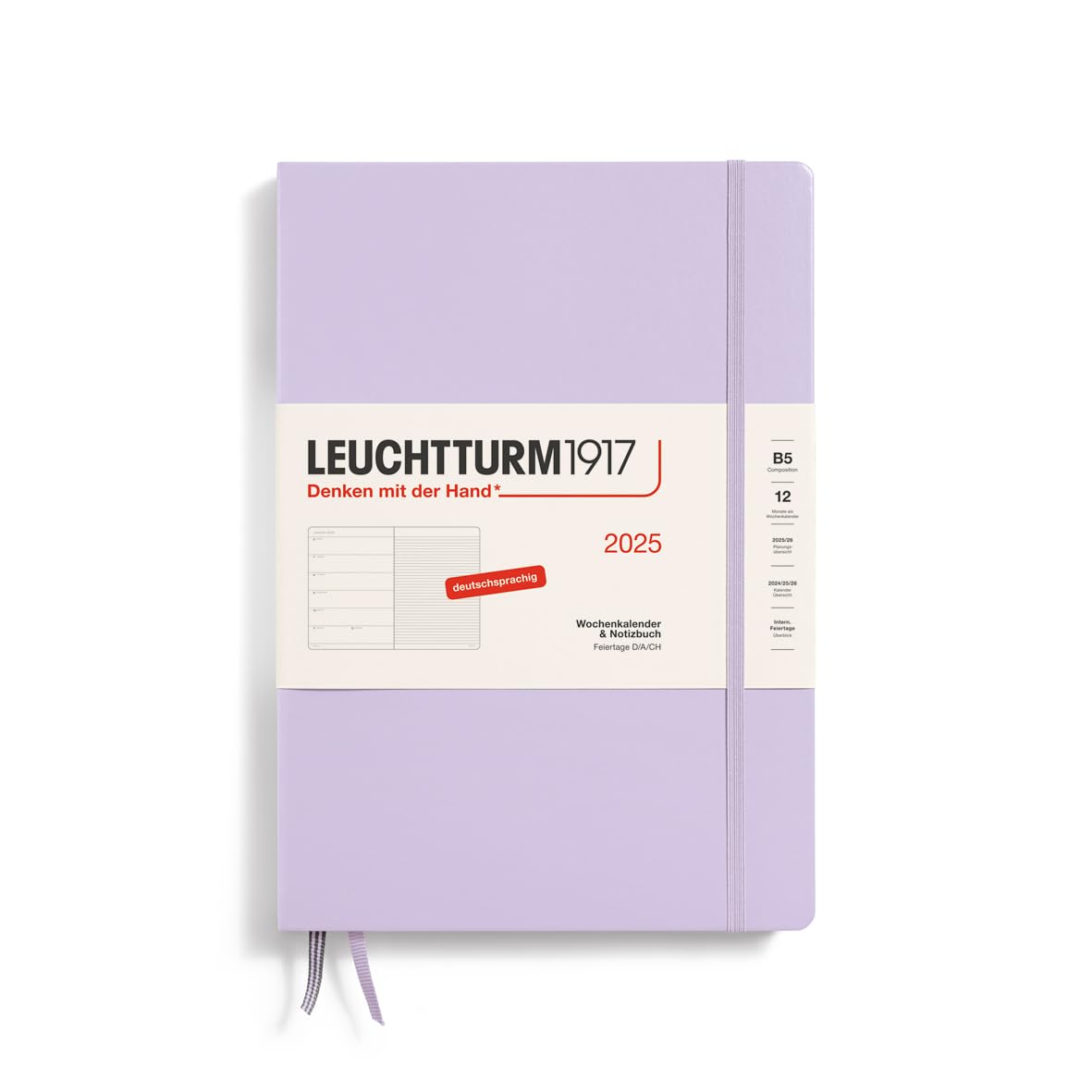 LEUCHTTURM1917 370478 Weekly Calendar & Notebook 2025, Composition B5 Hardcover - 12-Month Planner, 80 g, Lined - Lilac