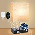 Nightstand Lamp for Bedroom with USB A + C Ports, Small Bedside Table Lamp with Charging Outlets and Phone Stands, 3 Color Temperatures Night Stand Light with Bulb for Living Room