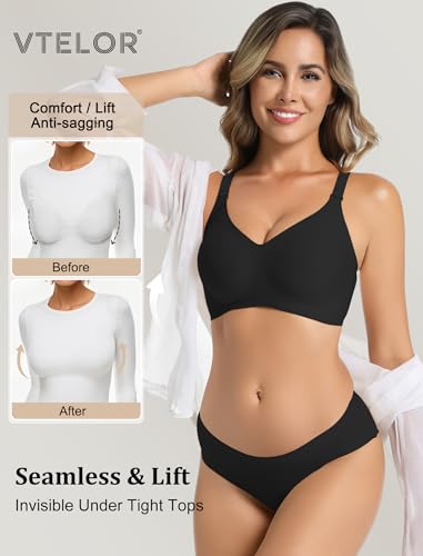 Vtelor Non Wired Bras for Women Seamless Wireless Push Up Bra Support Sleep Comfort Bralettes for Womens Ladies Soft Tshirt Padded Bra Small to Plus Size (UK, Alpha, L, Regular, Regular, Black) - Image 3
