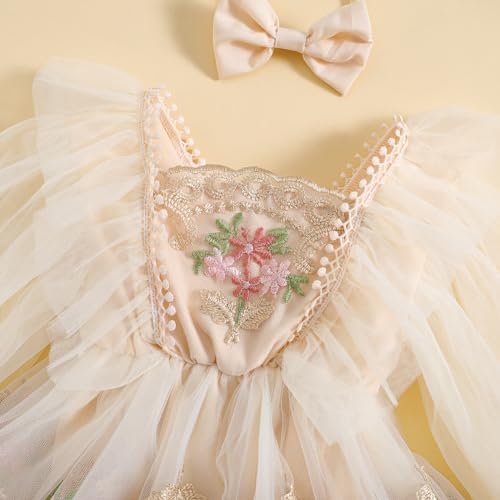BULINGNA Infant Baby Girl Tutu Romper Dress with Headband Mesh Long Sleeve Floral Lace Embroidery Skirt Birthday Outfit4