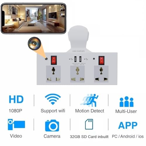 Image of SAFETYNET WiFi Enabled 3-Pin Wall Socket Camera with Full HD Video + Audio Recording | Supports App Viewing on Mobile & Laptop | 32GB Built-in SD Card | No Charging Needed - AC Powered