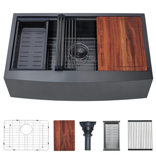 Image of 33 Inch Black Farmhouse Sink, Undermount Stainless Steel Apron Front Farm Kitchen Sink Single Bowl Workstation 16 Gauge 33x20x9 with Accessories