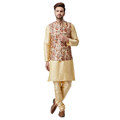 Image of SOJANYA (Since 1958, Men's Silk Gold Kurta Pyjama & Beige Printed Nehru Jacket set, Size: L(SJR-095-NJacket-Print-501-40)