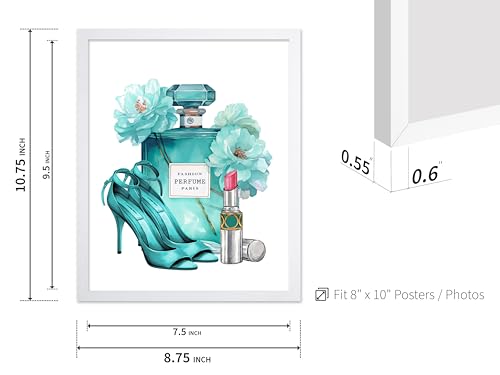 Image of Poster Master Turquoise Blue Designer Print - Fashion Poster - Shoes, Lipstick & Perfume Art - Chic Gift for Women & Fashionista - Glam Decor for Bedroom or Girl's Room - 8x10 White Framed