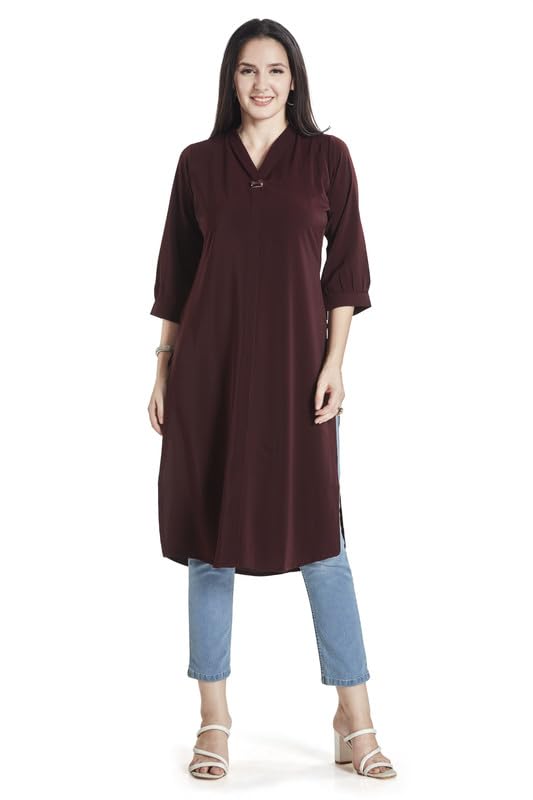 Image of nioni Women's Straight Solid Kurti with V-Fold Neck | Rayon Lycra Material | Fashionable Micro Pleates | 3 /4th Sleeve Kurta for Woman & Girls (S to 2XL)