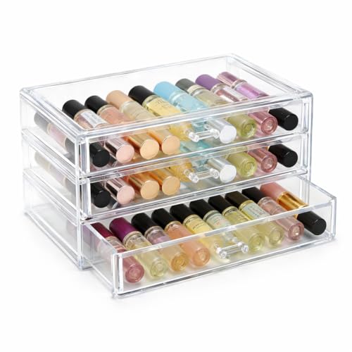 Qinpufu Acrylic Rollerball Perfume Organizer 3-Layer Drawer Storage 40 Pcs perfume Transparent Stackable Mini Perfume Holder for Travel/Sample Scentbird
