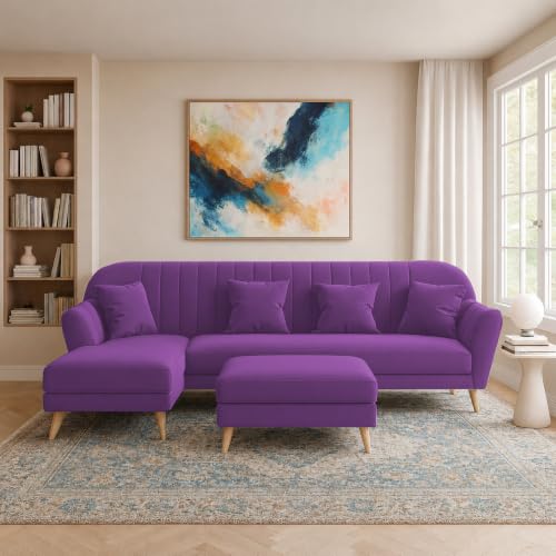 Image of Atticus LHS 6 Seater L Shape Sofa Set with Ottoman Living Room (Purple Colour Fabric) Premium Fabric Sofa Set for Living Room
