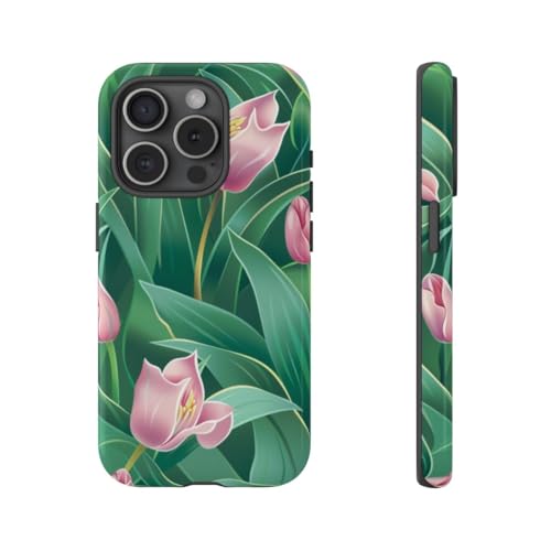 Coque iPhone 15 Pro rigide brillante au motif floral tulipe rose protectrice