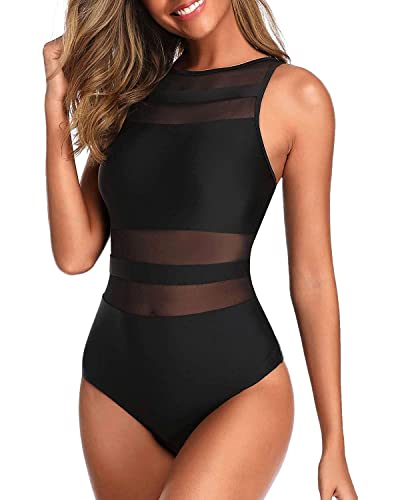 Holipick Women One Piece High Neck Swimsuits For Women Mesh Bathing Suit Open Back Swimwear Black M #TOP4
