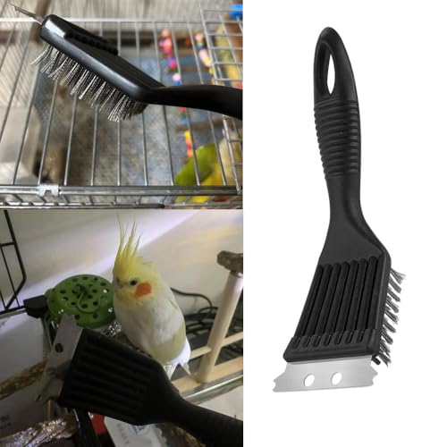 Image of 2 Pack Bird Droppings Cleaning Brush with Scrapper Stainless Steel Bird Cage Brush Bird Poop Remover Birdcage Stain Cleaning Tool for Bird Cage and Surface Cleaner Spray Scrubbing Wipes