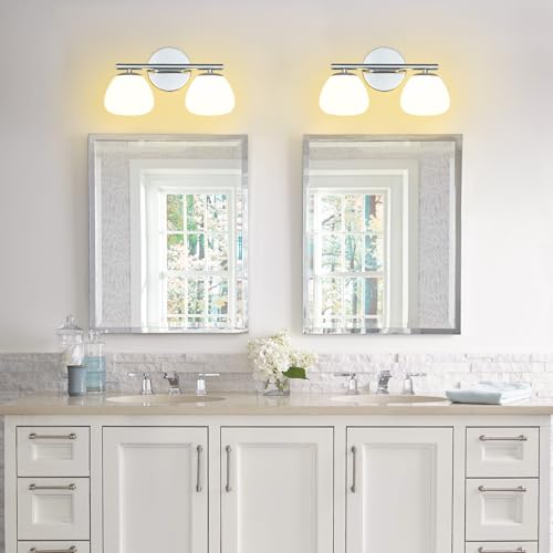 Image of Modern 2 Light Bathroom Vanity Light Chrome Vanity Light Bathroom Light Fixtures Over Mirror with Milk Glass Shade Bathroom Wall Sconce
