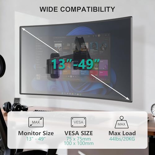 Image of WALI Monitor Wall Mount for 13-49 Inch Ultrawide Screens, Heavy Duty Single Monitor Mount Holds up to 44 lbs, Adjustable Wall Mount Monitor Arm, 75 /100mm VESA Mount (GSWM001-P), Black