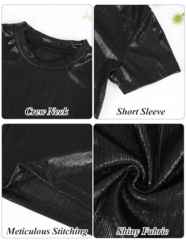 Image of Happy Cherry Kid Girl Shiny Skirt and Top Set 2 Piece Texture Ribbed Metallic Disco Rave Cheer Outfit 4-12T