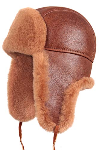 Image of Leather Aviator Shearling Ushanka Trapper Hat Russian Sheepskin Cap Real Fur Winter Hat with Ear Flaps for Men Women