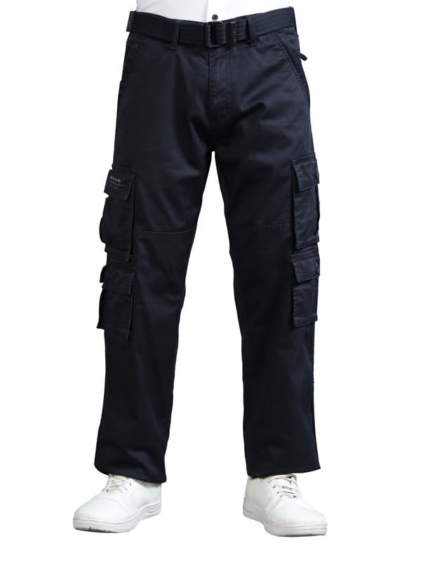 Men’s Relaxed Fit 9-Pocket Cargo Pants with Belt | Solid Cotton Casual Utility Trousers for Travel, Work & Everyday Wear-image-24