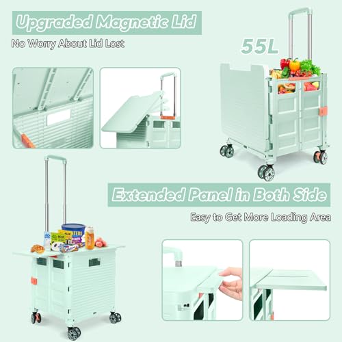 SELORSS BY10WX, Faltbarer Einkaufswagen auf 4 Rädern, 55 l/80 kg, Upgrade-Mobilitätsrollwagen im Flat-Pull-Stil mit verlängertem Deckel, Teleskopgriff, Einkaufswagen für Camping/Lehrer, Grün – Bild 4