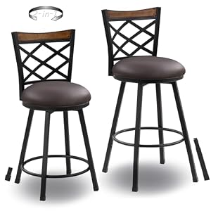 Swivel Bar Stools Set of 2 2429 Inch 2 In 1 Adjustable Seat Height Bar Stool with BackKitchen Island Barstool for Pub360 Round Seat with Metal Base Brown PU LeatherBlack Metal518PBR