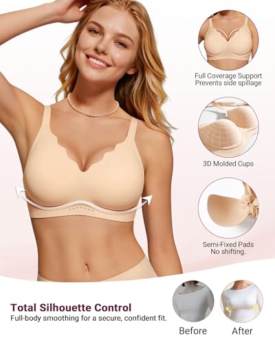 As Fairy Wireless Bras for Women No Underwire Full Coverage Jelly Lift Strong Support Push Up Scalloped Everyday Tshirt Bra Seamless Soft Daily Wear Breathable Air Hole Design(Nude 38DDD) — view 3