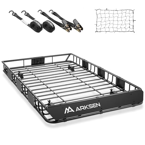 ARKSEN 64 x 39 x 5 Inch Upgrade Universal Roof Rack with Cargo Net, 2 Ratchet Straps - 150Lbs Capacity Heavy Duty Rooftop Cargo Carrier with Extension